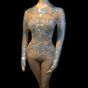 بدلة رقص نسائية ضيقة مزينة بالكريستال بلون البشرة، زي أداء مسرحي مرصع بالأحجار الكريمة - Product Image 2