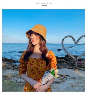 Chapeau de paille souple pliable à petit bord, style pêcheur, en crochet, fait main, mode coréenne d'été pour femme, protection solaire, uni, pour la plage - Product Image 2