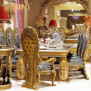 Table à manger longue plaquée or de style palais impérial royal avec 6 chaises pour salle à manger de villa - Product Image 4