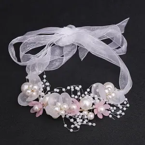 Thời Trang Cô Gái Ngọt Ngào Hoa Ngọc Trai Tóc Vòng Hoa Cổ Tay Ribbon Headband Phụ Kiện Tóc Phụ Nữ Wedding Party Bridal Mũ Nón