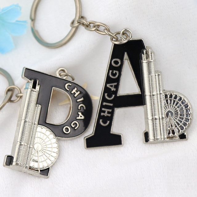 Custom Logo Zinc Alloy Alphabet Initial Letter Chicago Souvenirs Metal Keychain