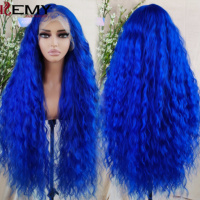 KEMY Wig sintetis biru 13x6 renda depan tanpa lem kualitas tinggi dengan renda transparan rambut bergelombang panjang Super bergelombang untuk wanita