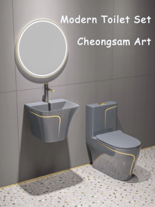 Artículos sanitarios de baño modernos, inodoro cuadrado de una pieza, piso, lavabo de baño y inodoro de cerámica, juego de inodoro Wc de línea dorada gris - Product Image 4