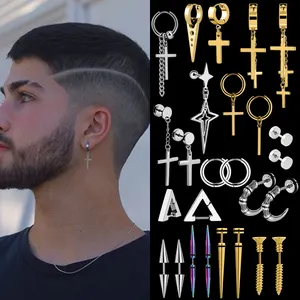 Low Moq Gothic Hypoallergeen Roestvrij Staal Piercing Sieraden Kruis Bengelen Knuffels Hoepel Zwart Goud Oorknopjes Voor Mannen