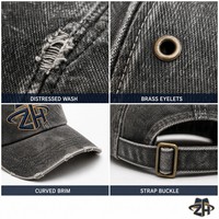 Casquette de baseball en jean délavé style Dad Hat, effet vieilli, six panneaux, non structurée, réglable, boucle en laiton, unisexe, vente en gros