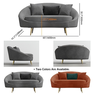 โซฟาผ้ากำมะหยี่สีเทาโค้งมน 2 ที่นั่ง สไตล์โมเดิร์นหรูหรา ขาโลหะทรงเรียวสีทอง เฟอร์นิเจอร์ตกแต่งห้องนั่งเล่นสุดหรู ปรับแต่งได้ตามต้องการ-OEM/ODM - Product Image 2