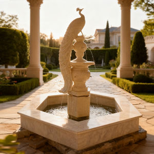 تمثال طاووس رخامي طبيعي بيج للحديقة - Product Image 1