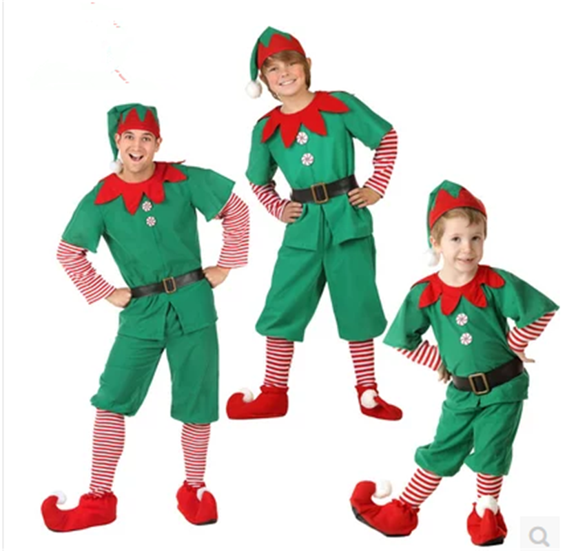 Disfraz De Elfo Navideño Para Familia – Hombre, Mujer Y Niño Con Vestido, Gorro, Cinturón Y Calcetines Rayados