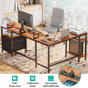 Reversible L Shaped <strong>Desk</strong> with <strong>UK</strong> Power Strip - Home Office Gaming <strong>Desk</strong> with File Drawer, 2 Monitor Stands &amp; Storage Shelves - Product Image 5