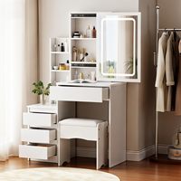 Coiffeuse moderne en MDF écologique avec miroir, tabouret, éclairage LED à luminosité réglable, 6 étagères dissimulées et 4 compartiments de rangement pour maquillage
