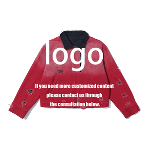 Chaqueta de <span class=keywords><strong>hombre</strong></span> estilo Detroit vintage, lavada, color borgoña, con rotos, para <span class=keywords><strong>hombre</strong></span> y mujer, estilo universitario - Product Image 3