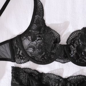 HXZ4676A Hochwertige schwarze Perspektive Erotische Dessous Bestickt Sexy Luxus Mesh BH Tanga Strumpfband Gürtel Dünne Dessous Set - Product Image 5