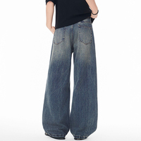 Jean décontracté coupe droite ample unisexe American Washed Distressed Bamboo-striped Cat Tail Cleanfit