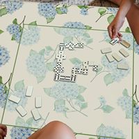 Alas Mahjong Anti Selip Bermotif Bunga untuk Meja, Taplak Meja Katun Tebal untuk Permainan Kartu Poker, Domino, dan Permainan Ubin, Desain Hydrangea Biru