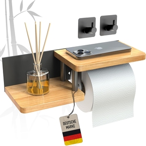<span class=keywords><strong>Porte</strong></span>-<span class=keywords><strong>papier</strong></span> <span class=keywords><strong>toilette</strong></span> mural en <span class=keywords><strong>bambou</strong></span> écologique avec étagère pour téléphone Toilettenpapierhalter Klopapierhalter - Product Image 3
