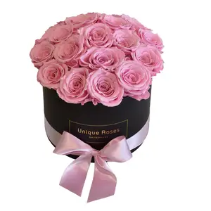 लक्जरी कागज कस्टम लोगो उपहार गुलाब पैकेजिंग टोपी दौर मखमल फूल बॉक्स व्यवस्था के लिए रिबन