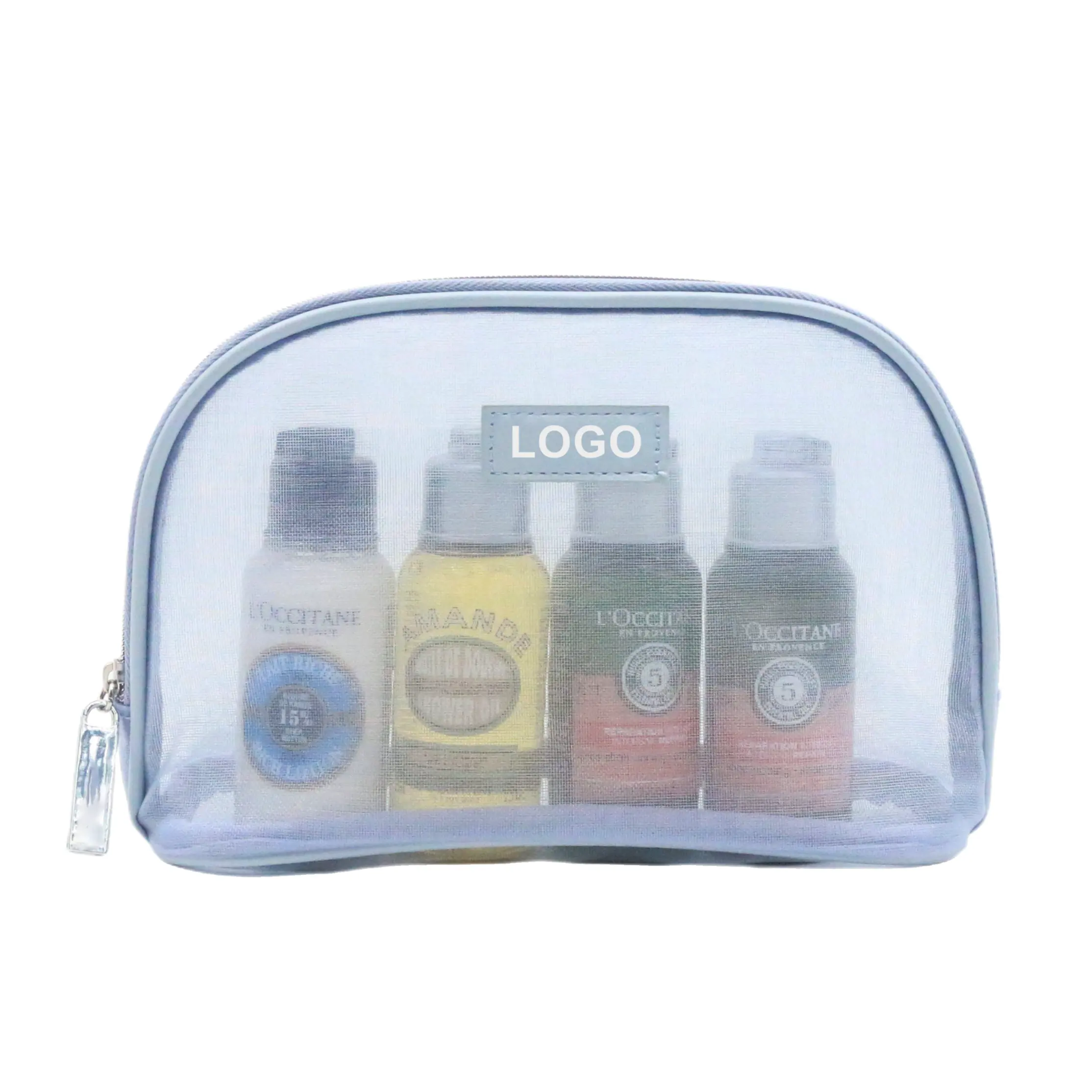 Borsa per il trucco in rete di poliestere in Organza blu trasparente facile da asciugare borsa da toilette da viaggio in rete di Nylon con Logo personalizzato leggero lavabile