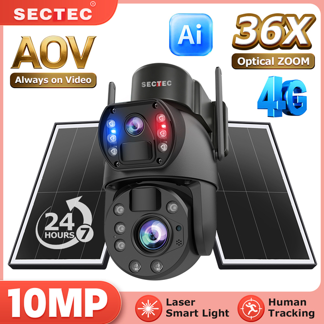 10MP Dual View 36X ZOOM  PTZ Camera 24/7 Recording AI Tracking Cmos Sensor 4G SIM Wireless Outdoor Security Cctv Solar Cameras
