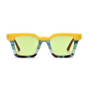 Lunettes de soleil rectangulaires à monture intégrale, verres miroir, monture rayée jaune et bleue, protection UV 100%, style unisexe adulte tendance - Product Image 1