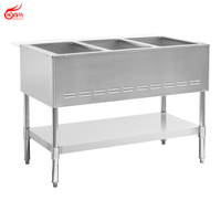 Pemanas Makanan Bain Marie Gas 3 Pan Stainless Steel Dengan Papan dan Rak Bawah, Peralatan Dapur Restoran Bersertifikasi ETL GBM-3