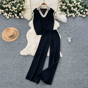 Conjunto de Dos Piezas para Verano, Top de Punto sin Mangas, Cuello Camisero Retro con Bloques de Color y Pantalones Anchos de Cintura Alta - Product Image 3