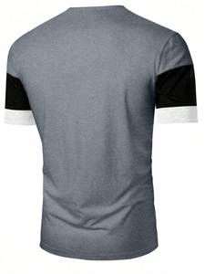 T-Shirt da Uomo in Maglia Lavata con Collo Tondo, Colore Grigio Mélange a Blocchi di Colore e Righe - Vestibilità Ampia, Manica Corta Formale - Product Image 3