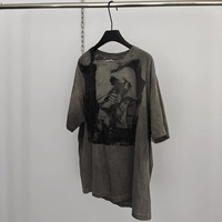 T-shirt à manches courtes pour homme, 200g, en coton vintage, délavé à l'acide, effet usé, style grunge gothique urbain, avec imprimé portrait délavé, 2026