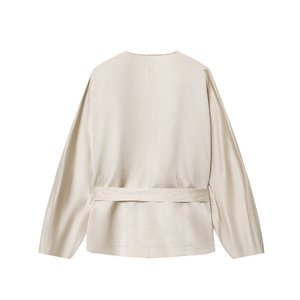 Colección de otoño para <span class=keywords><strong>mujer</strong></span>, camisa con lazo de doble botonadura de lino mezclado, estilo Vintage, modelo de poliéster sólido Suelto - Product Image 2