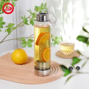 Botol air kaca infusi quartz kristal hadiah Natal alami botol air batu permata tutup baja tahan karat bambu botol air dengan kristal