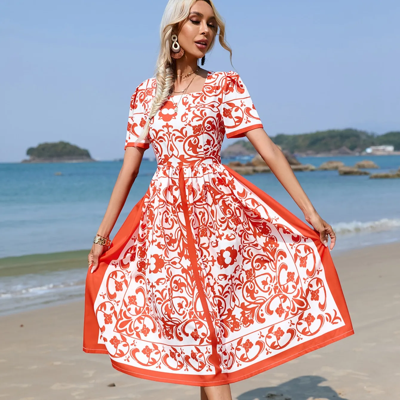 Aschulman Sweetheart Neck Floral Puff Sleeve Turkish Ladies Loose Long Dresses Maxi Beach Dress For Women