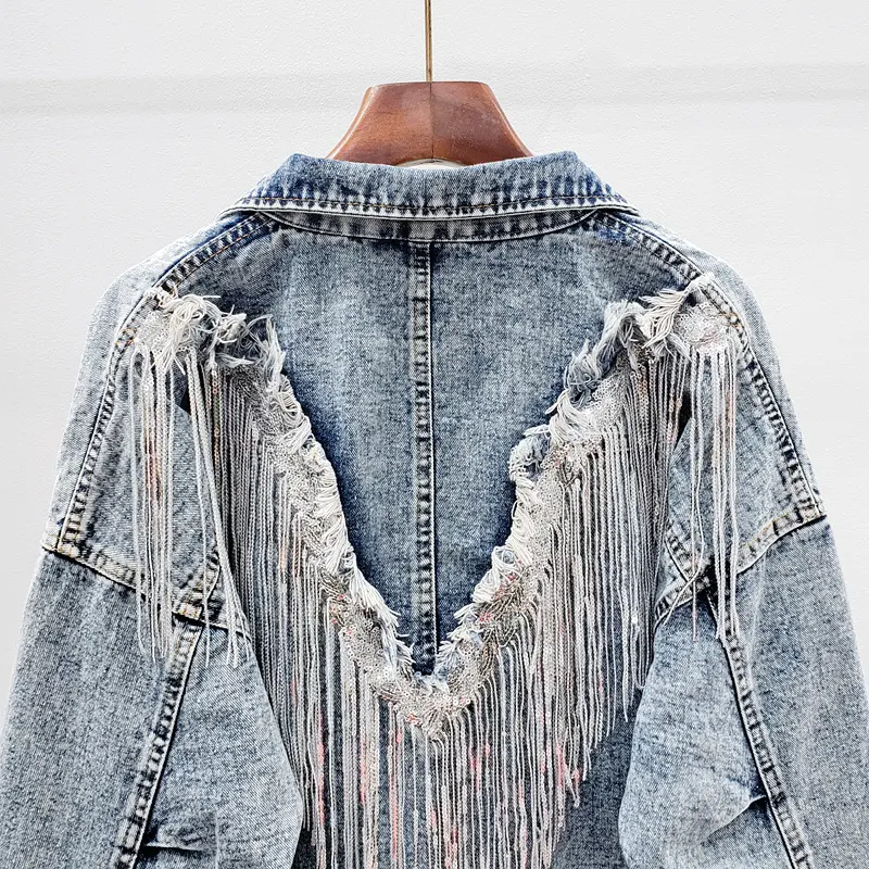 Denim Jacket Women's New Spring Fall 2022 Y2K Sequined Fringe Loose Slim Cropped Top Clothes Women