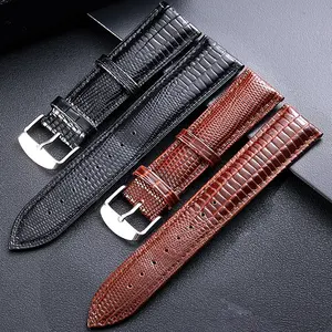 22mm Black Genuine Leather Watchband Tail Lizard Grain, Lightly Padded Replacement Watchstrap that brings New Life to Any Watch