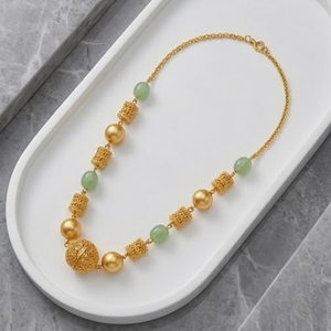 Antique 925 Silver <b>Necklace</b> with Light Green and Gold Beads Long Chain Mala <b>Statement</b> Jewelry for Women Wedding and Party Wear - Product Image 3
