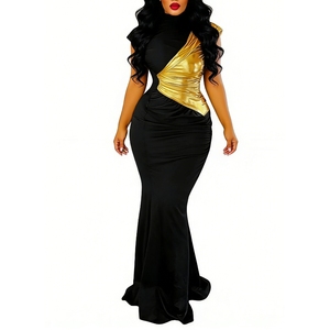 Vestido Maxi de Cuello Alto para Mujer, Talla Grande, con Detalles Dorados en Contraste, Vestido Formal con Pliegues, Vestidos Africanos de Moda - Product Image 1