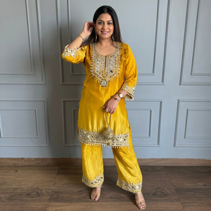 Conjunto de Kurti, Palazzo y Sarara de Seda Chiffon con Bordado de Espejos, Ropa Étnica Tradicional India para Mujer, Venta al por Mayor, Vestido para Fiestas - Product Image 6