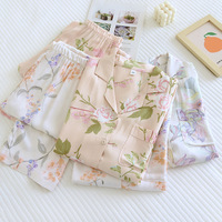 Pyjama Femme à Manches Longues en Satin Rayonne de Haute Qualité, Imprimé Floral, Col Revers, Doux Poudre Légère Romantique pour Usage Domestique
