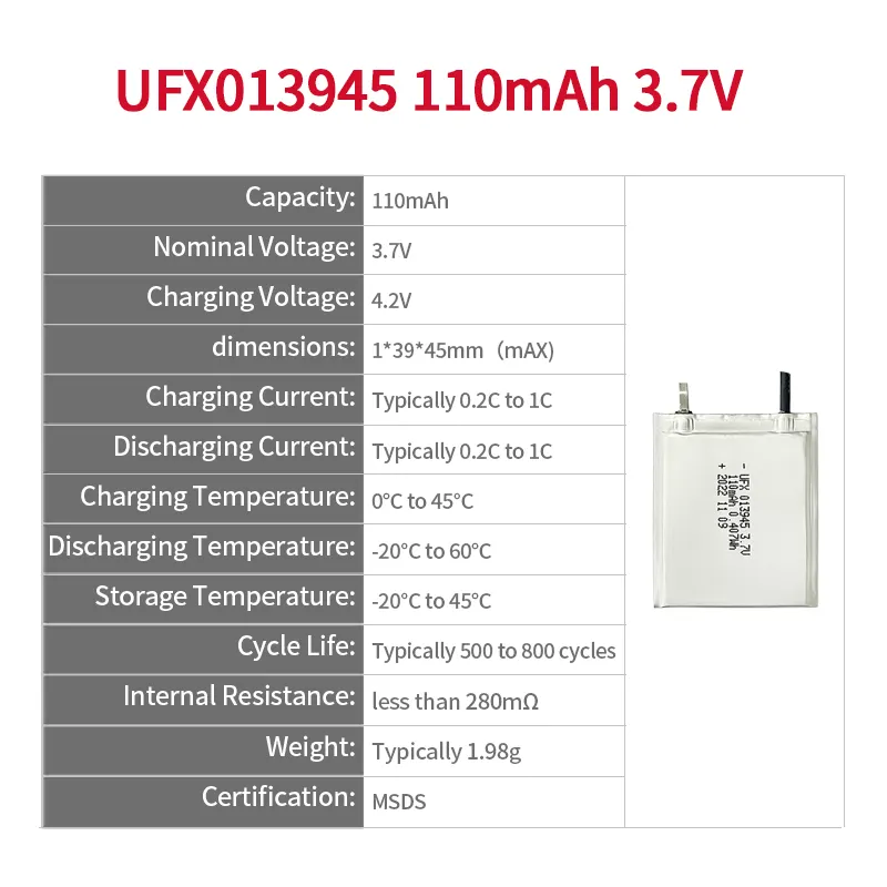 Заводская литиевая аккумуляторная батарея на заказ для электронной карты доступа UFX 013945 110 мАч 3,7 в, супертонкая полимерная литий-ионная батарея