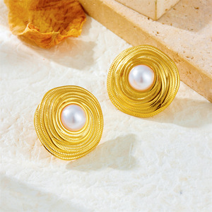 Gold Wire Wrapped Circle <b>Pearl</b> Jewelry <b>Set</b> For Women Everyday Wear Stainless Steel Necklace Earrings Ring <b>Set</b> - Product Image 4