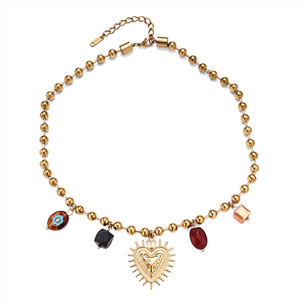 Collar de Bolas de Acero Inoxidable Impermeable con Baño de Oro de 18K, Colgante de Corazón Vintage y Piedras de Colores, Joyería Tipo Gargantilla - Product Image 1