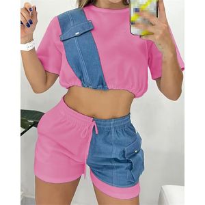 Mode Casual Sommer Patchwork Farb block Sexy Sportswear Kurzarm Casual Biker Short Set 2 Zweiteilige Biker Shorts Sets - Product Image 1