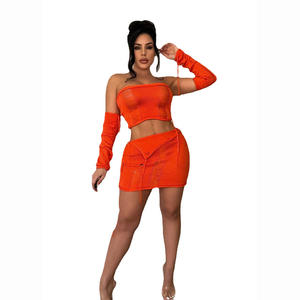 2024 femmes 2 pièces vacances Sexy nombril nu Perspective taille haute gland irrégulière jupe costume - Product Image 1