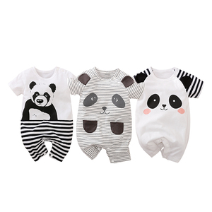 Tutina neonato OEM/ODM con stampa <span class=keywords><strong>panda</strong></span>, in morbido cotone, a maniche corte, con orecchie 3D e strisce, <span class=keywords><strong>pigiama</strong></span> estivo. - Product Image 1