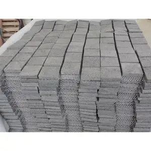 SHIHUI Natural Grey G654 Granite Cube Brick Pattern Flamed Surface Machine Cut Edge Exterior Paving Stone Meshed Cobblestone