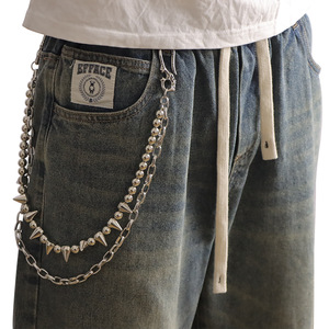 Trendy Double Layer Pants <b>Chain</b> With Spike Beads And Studs For Casual Hip Hop Style Unisex Zinc Alloy <b>Waist</b> <b>Chain</b> - Product Image 1