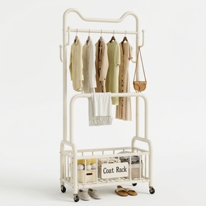 Porte-vêtements roulant en métal antirouille <span class=keywords><strong>pas</strong></span> <span class=keywords><strong>cher</strong></span> 360 °   Porte-manteau à double tringle sur roulettes silencieuses et verrouillables avec panier de rangement en maille et crochets latéraux - Product Image 1