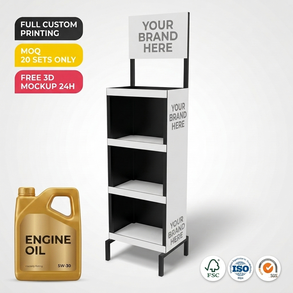Custom Metal Engine Oil Display Rack Heavy Duty Lubricant Bottle Stand Automotive Motor Oil Retail Shelf Gas Station Floor Rack