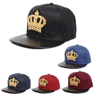 <b>Snapback</b> <b>Cap</b> Mesh Fabric Gold Crown Rhinestone Embroidery Unisex Casual Baseball Hat Breathable Waterproof Flat Brim - Product Image 1