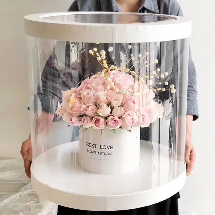 Tanabata cerimônia abraço gigante da janela redonda PVC balde rodada rosas flor caixa de exibição caixa de caixa de luxo flor grande flor