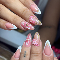 Faux ongles à presser en amande, style français, avec nœud et strass brillants, motifs floraux et pois