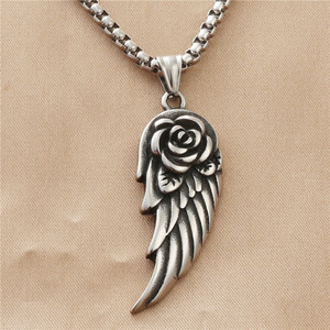 <b>Titanium</b> Steel Angel Wing Pendant With Rose Design Men's Necklace Everyday Wear Retro Style 19002 - Product Image 1